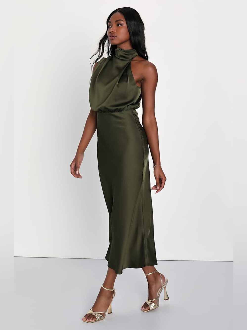 LULUS Distinctive Charm Olive Green Satin Asymmetrical Mock Neck Maxi Dress S - Picture 2 of 13